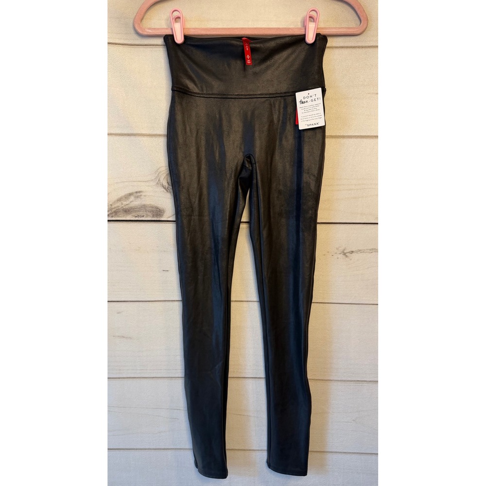 Spanx Black Faux Leather Leggings High Waisted Shaping 2437 Womens Small NEW